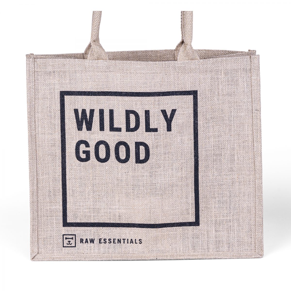 Jute Bag With Black Square Outline With "Wildly Good" Written On Front