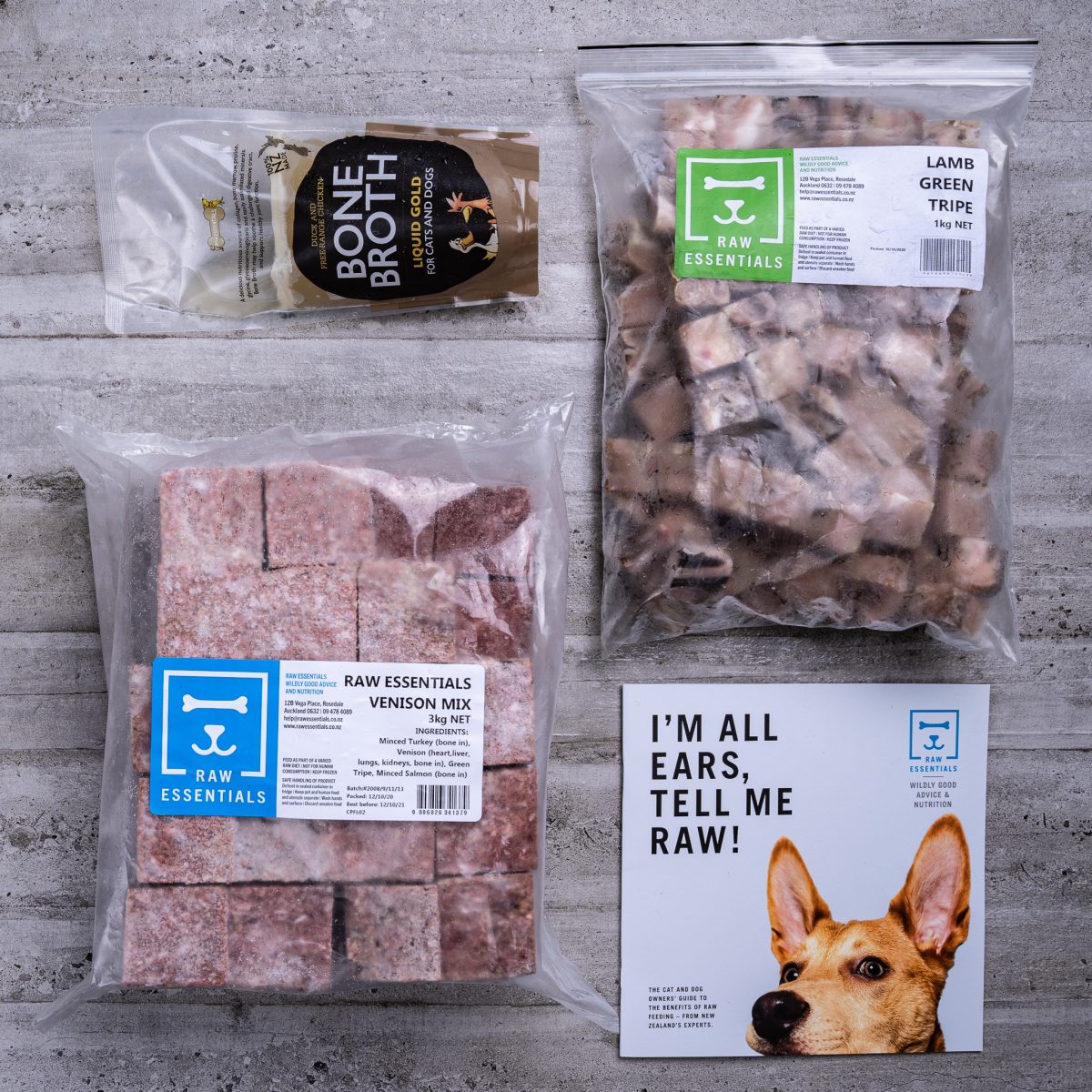 Assortment Of Raw Essential Products For Dogs Including, Bone Broth, 1KG Plastic Pack Of Small Cubed Lamb And Green Tripe Meat Mix, 3KG Plastic Pack Of Cubed Lamb Meat Mix, Raw Essentials Advice And Nutrition Pamphlet
