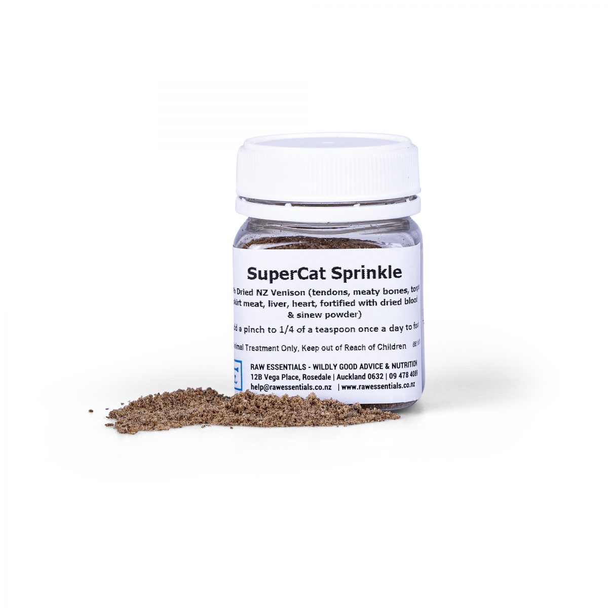 Plastic Container of SuperCat Sprinkles With Product Shown Outside Of The Bottle