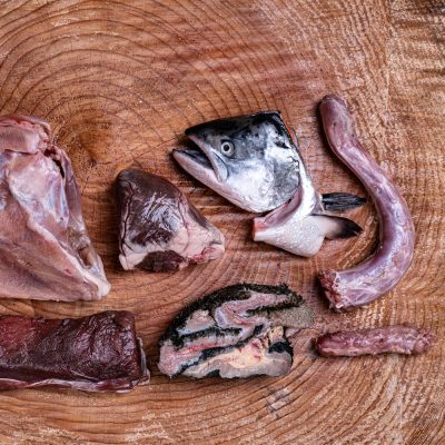 Assortment of Raw Essentials Ingredients Including, Heart, Chicken Frame, Salmon Head, Duck Neck,Tripe, Wallaby Fillet