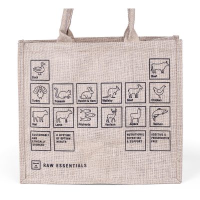 Jute Bag With Table Of Different Meats Featured In Raw Essentials Products