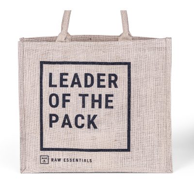 Jute Bag With Black Square Outline With "Leader Of The Pack" Written On Front